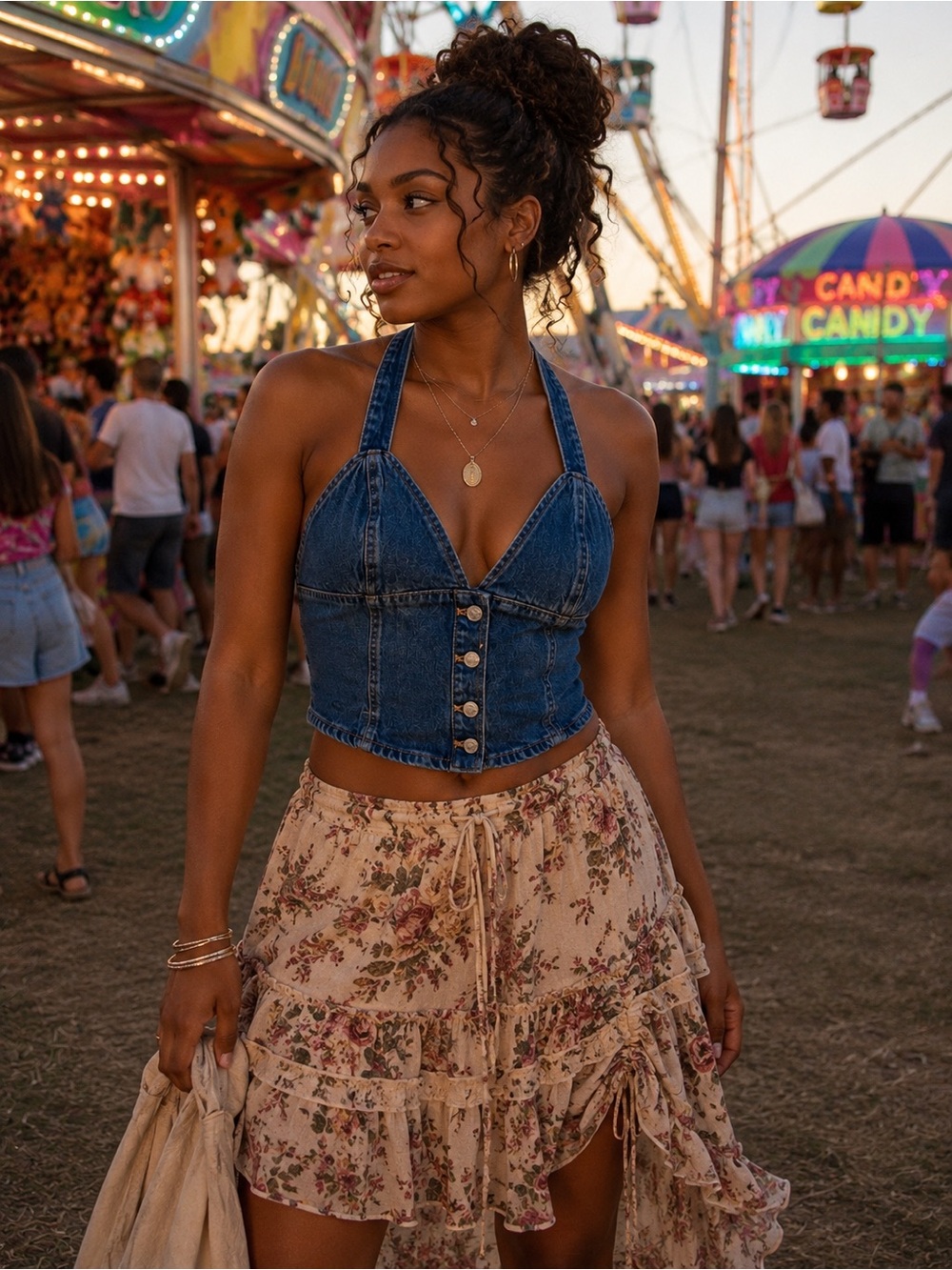 Zara Denim Halter Corset Top XL Y2K Boho Festival Jean Crop Top